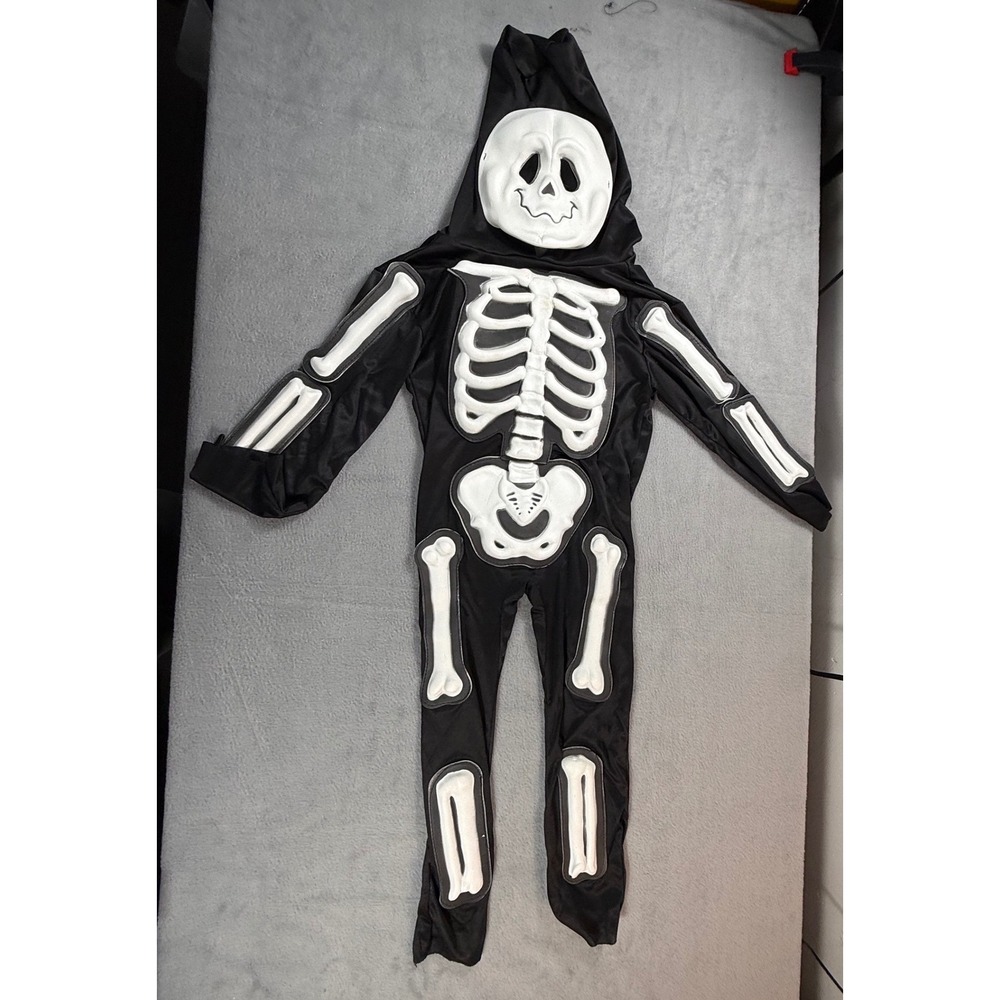 Kids Skeleton Halloween Costume Black White 3D Bones Hood Mask Approx 40"